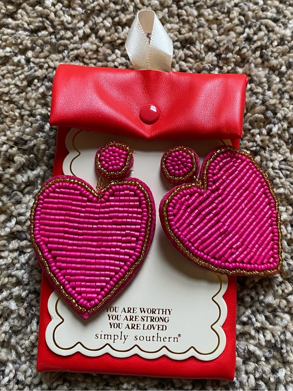 Simply Southern Hot Pink Beaded Heart Drop Earrings with Gold Trim